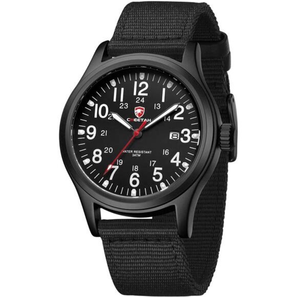 Men’s Military Watch Easy to Read Waterproof with Nylon Strap, Full Black - Picture 1 of 7